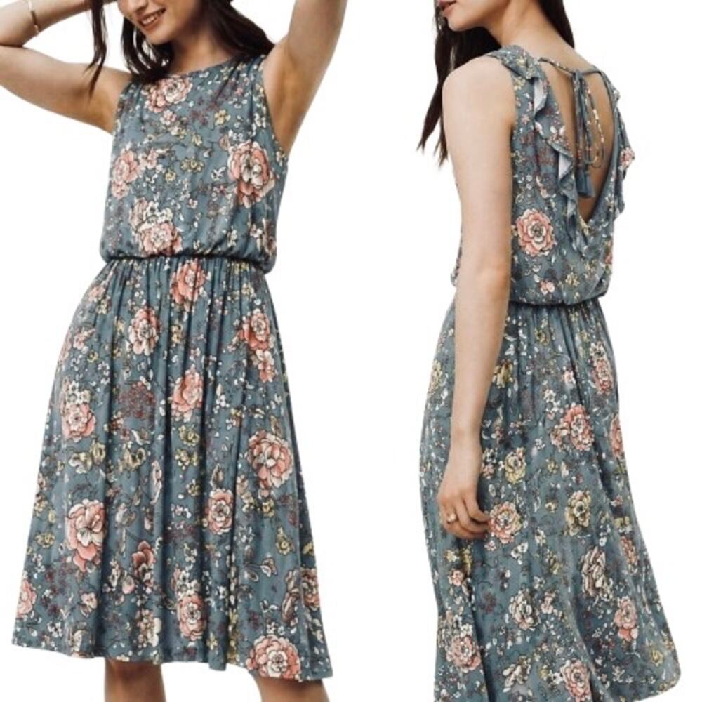 EUC LOFT Outlet Grey and Pink Floral Tie Back Midi Dress. Size M (Petite).